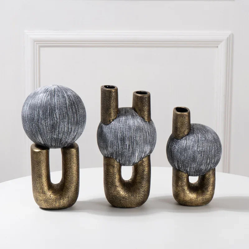 Afralia™ Golden Stripe Geometric Ceramic Vase - Abstract Floral Arrangement Home Decor