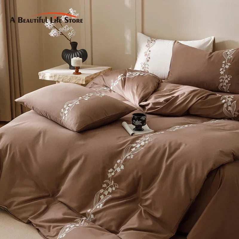 Afralia™ Elegant Lily of the Valley Embroidery Brown Cotton Bedding Set