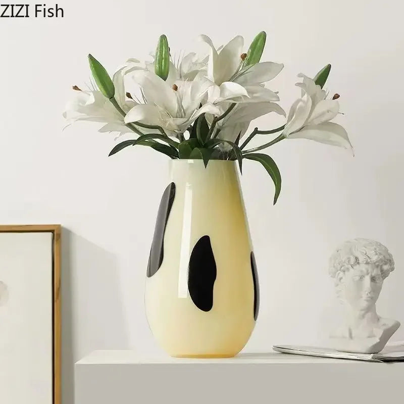 Afralia™ Black Stripes Glass Vase Desk Decoration Artificial Flowers Pots Aesthetic Room Decor