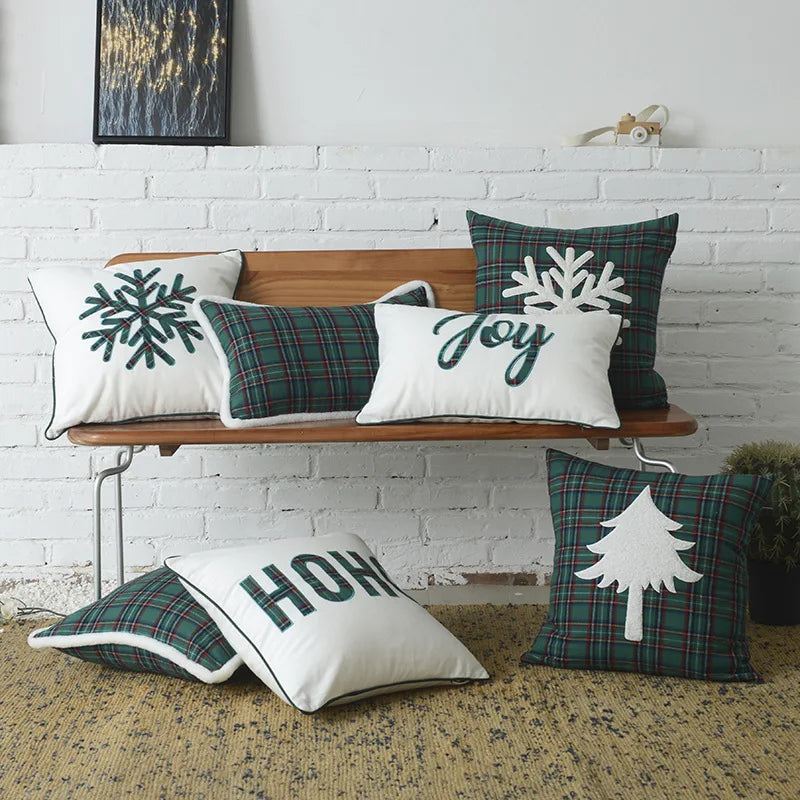 Afralia™ Christmas Plaid Cotton Canvas Cushion Cover with Snowflake Embroidery