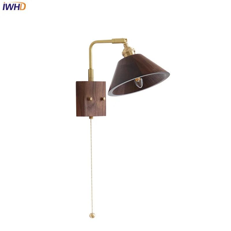 Afralia™ Walnut Wood LED Wall Lamp Sconce with Pull Chain Switch Rotation Mirror Light