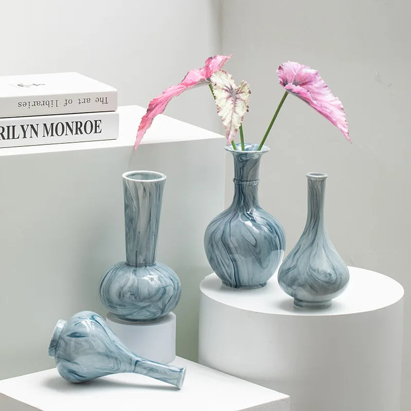Afralia™ Marble Ceramic Vase Chinese Vintage Bottle Flower Arrangement Living Room Ornament