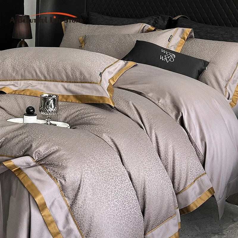 Afralia™ Egyptian Cotton Leopard Jacquard Luxury Bedding Set with Satin Finish