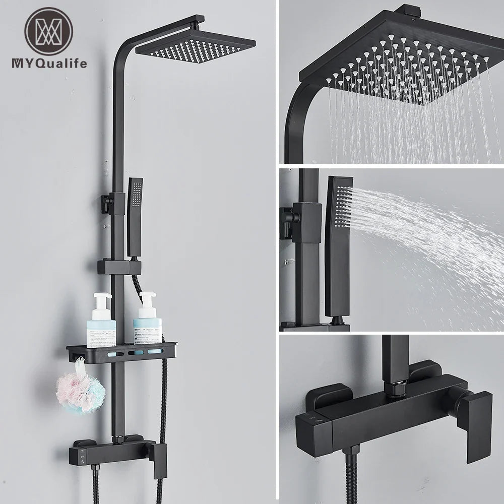 Afralia™ Black Rainfall Shower Faucet Set with Bathtub Tap and Height Adjust Shower Mixer