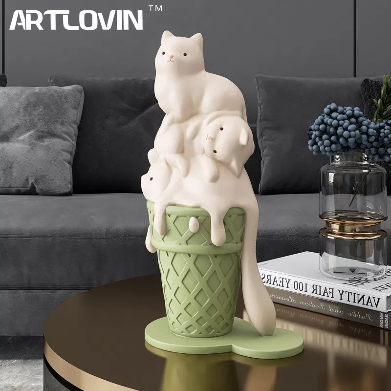 Afralia™ Ice Cream Cat Sculpture Resin Figurine Modern Home Decor Creative Animal Figure