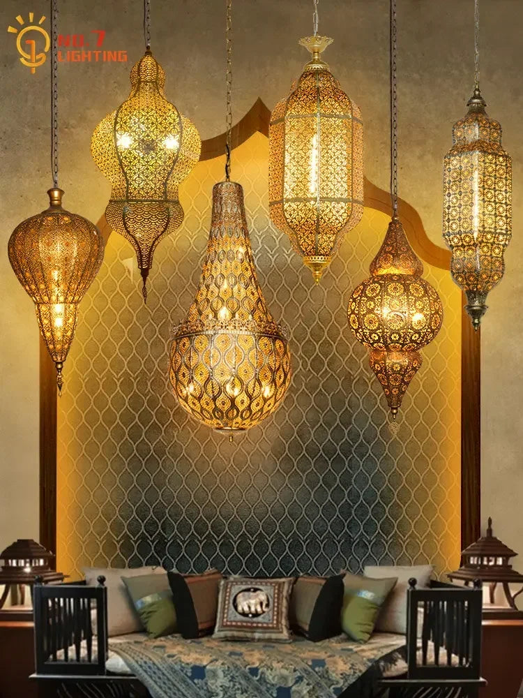 Afralia™ Moroccan Retro Vintage Industrial Pendant Lights LED E27 Gold Lustre Iron Art Decorative