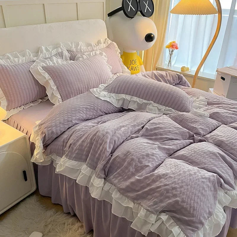 Afralia™ Double-Layer Lace Bubble Cotton Bedding Set - Soft Skin-Friendly Bed Linens