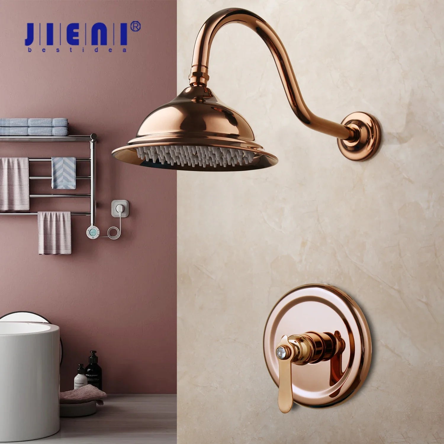 Afralia™ Rose Golden Bath Shower Faucet Set with Handle Mixer, Rainfall Hand Shower