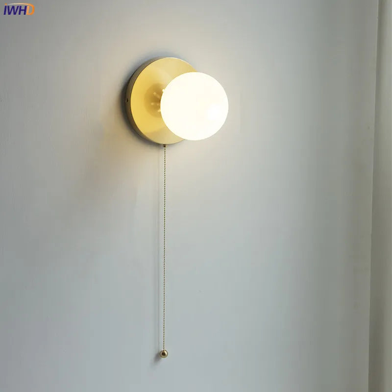 Afralia™ Glass Ball LED Wall Lights with Pull Chain Switch for Bedroom Cafe Bathroom