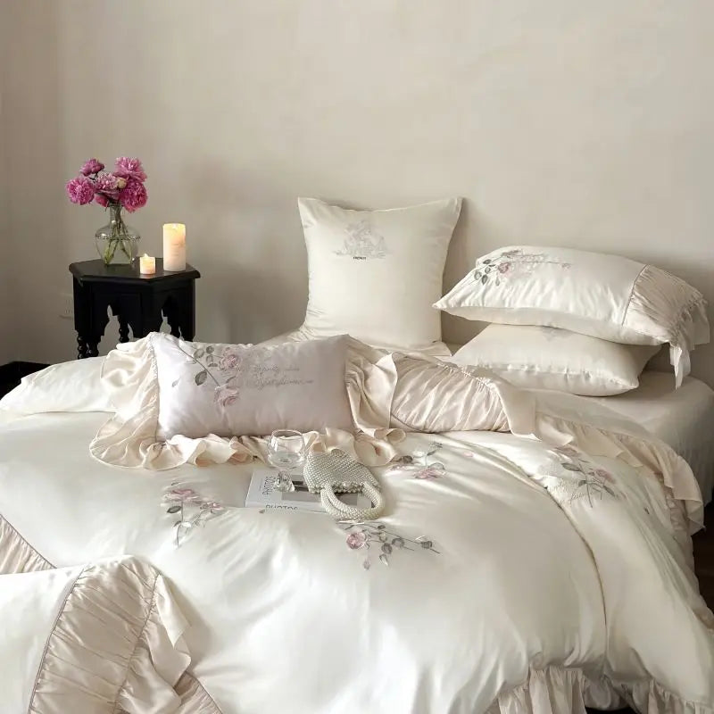 Afralia™ Embroidered Lace Princess Bedding Set - 4 Piece Cotton Flowers Collection