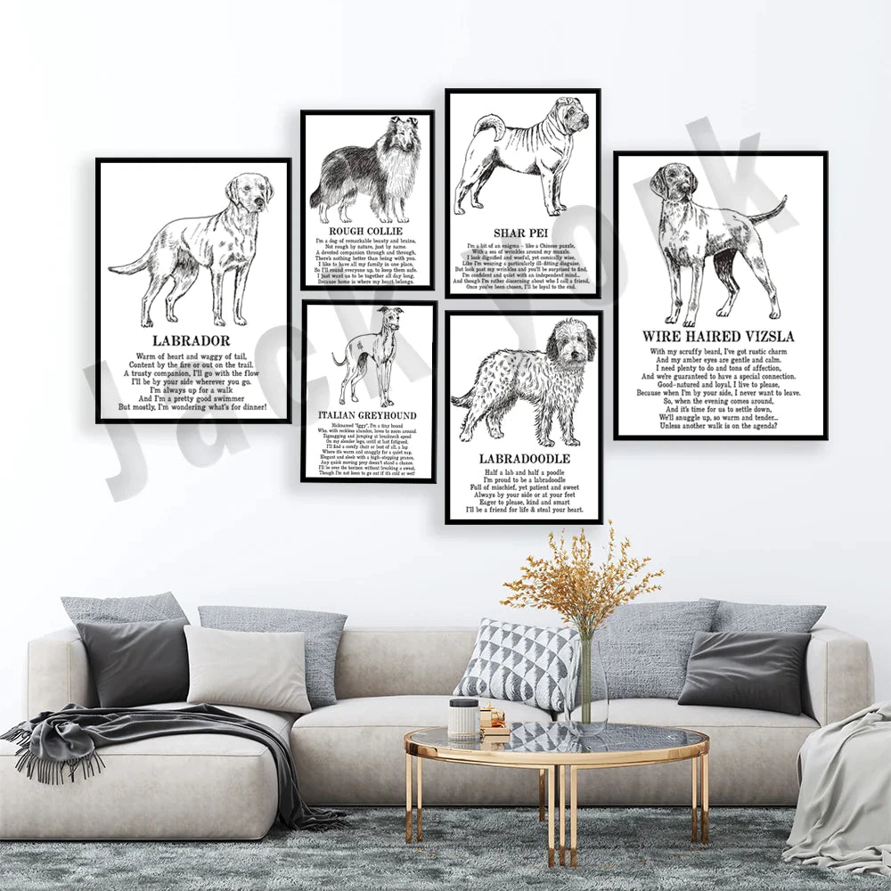 Animal Illustration Poster: Whippet Podenco Cocker Spaniel Labrador Collie Dachshund Italian Greyhound Pug by Afralia.