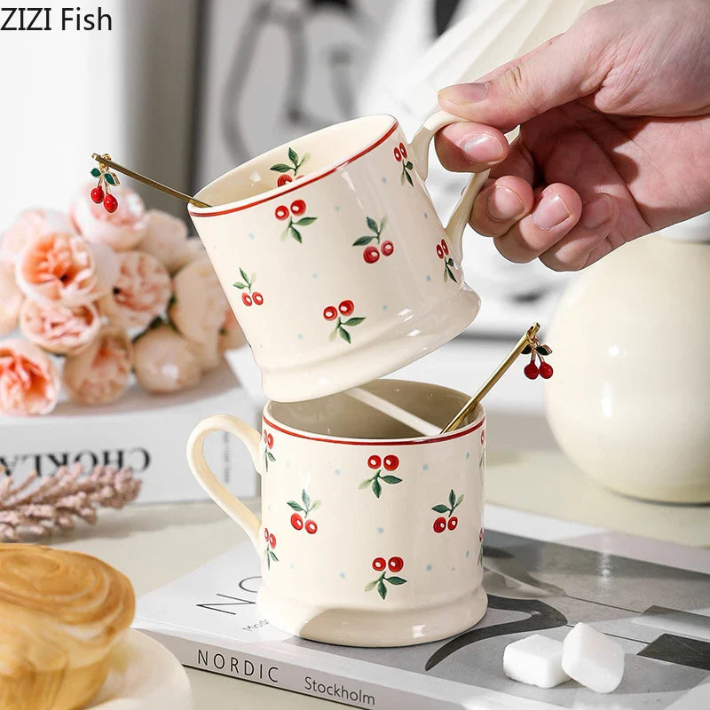 Afralia™ Cherry Pattern Porcelain Coffee Mug - Lovely Tableware Cup for Afternoon Tea