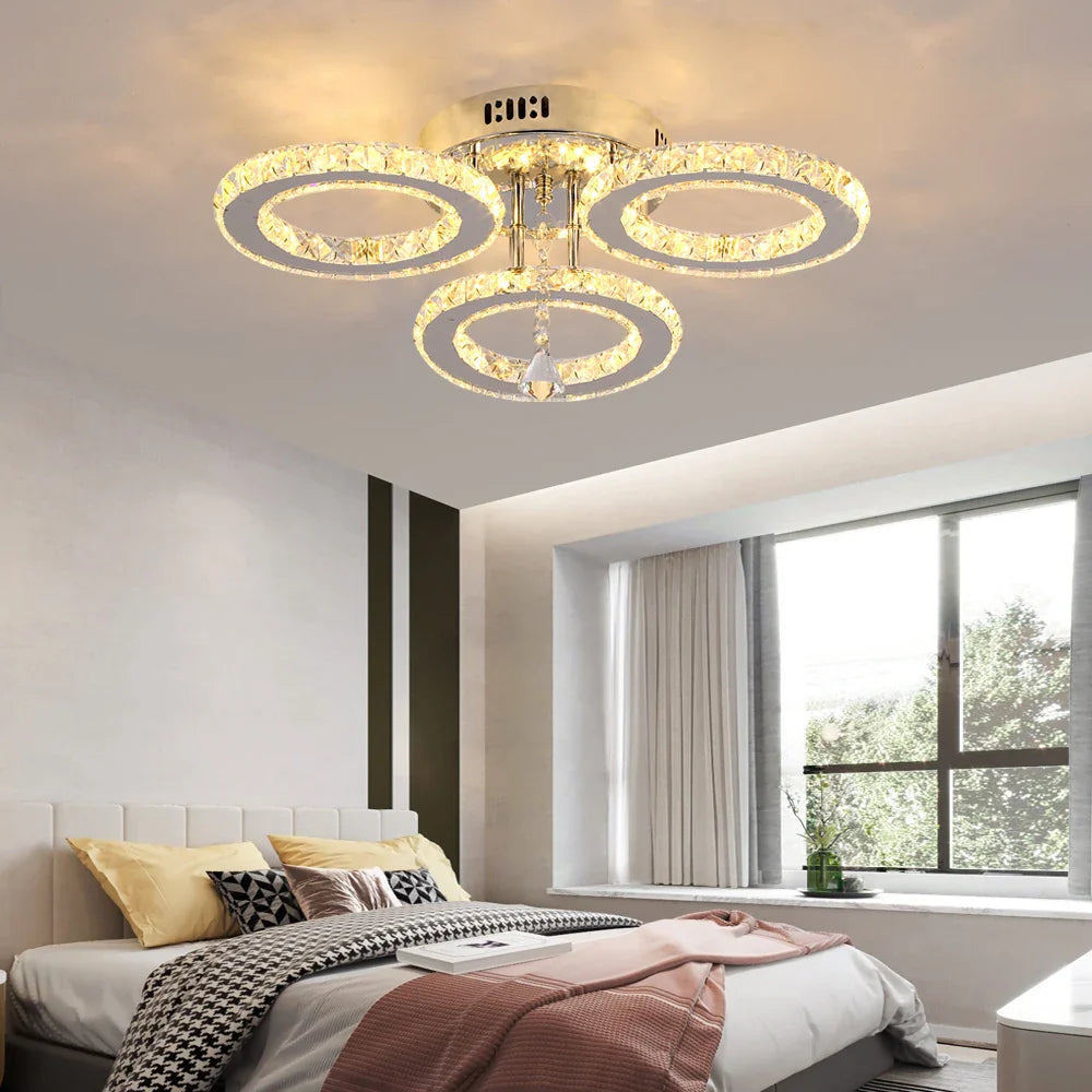Afralia™ Crystal Chandelier 3Rings Chrome Pendant Light for Bedroom Living Room