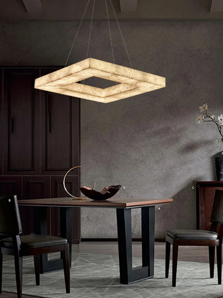 Afralia™ Dimmable LED Gold Chrome Marble Alabaster Chandelier Pendant Light for Dining Room