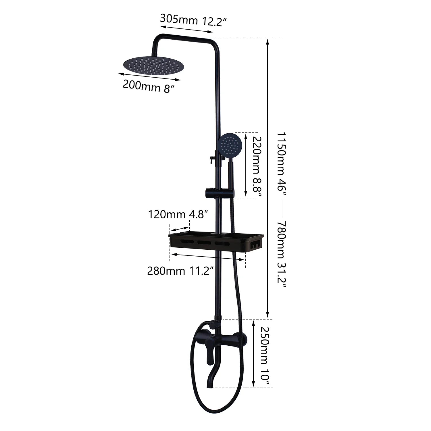 Afralia™ Matte Black Rainfall Shower Set with Hand Shower Mixer - Wall Mounted