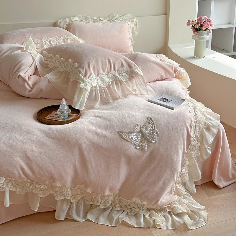 Afralia™ Velvet Fleece Bedding Set with Butterfly Embroidery and French Hollow Lace