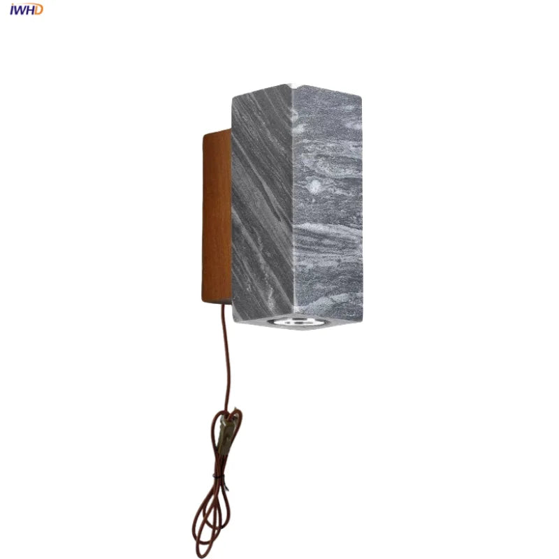 Afralia™ Marble Stone LED Wall Lights Wood Canopy Plug In Sconce Lighting