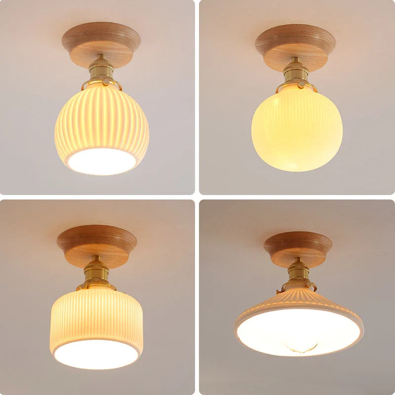 Afralia™ White Ceramic LED Ceiling Light with Wood Canopy for Kitchen and Living Room