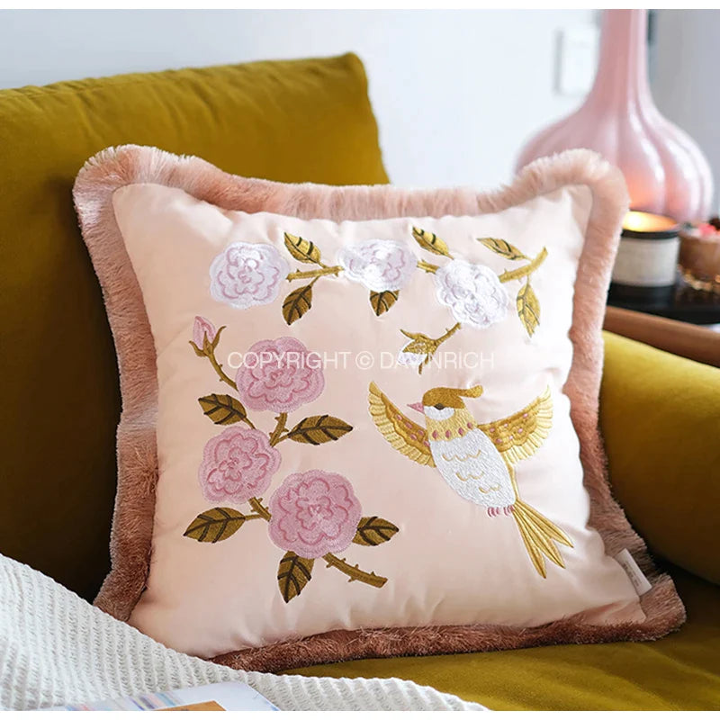 Afralia™ Rose & Oriole Bird Velvet Pillow Covers - Retro Chinese Embroidered Accent