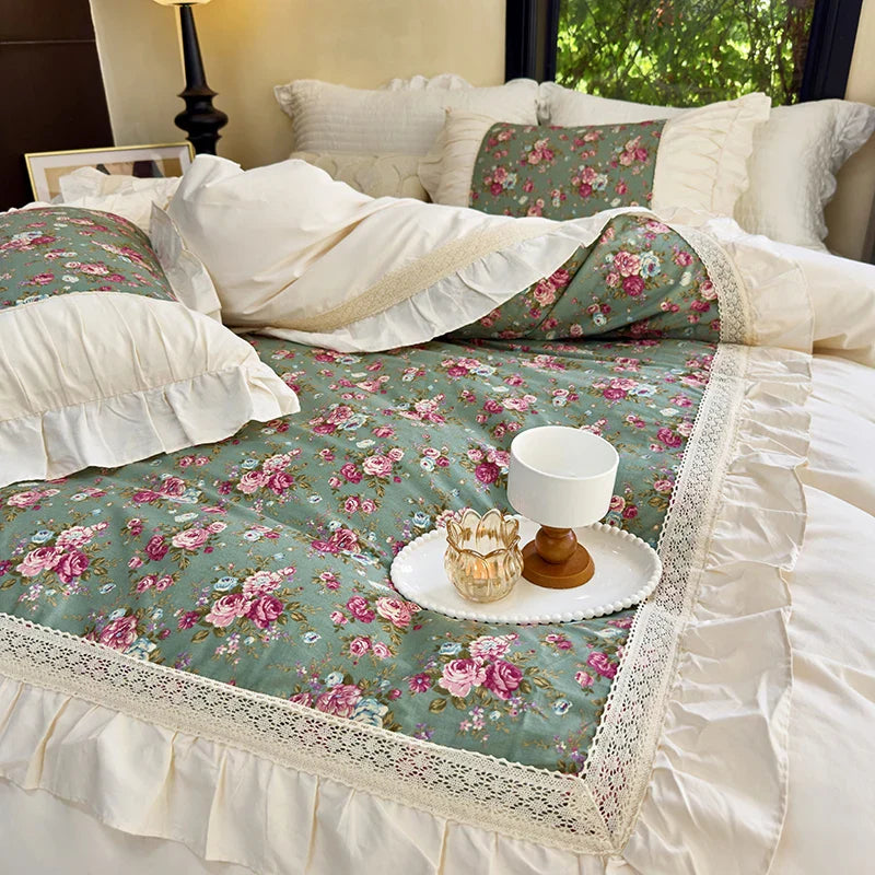 Afralia™ French Flowers Lace Ruffles Cotton Bedding Set with Duvet Cover, Bed Skirt, and Pillowcases