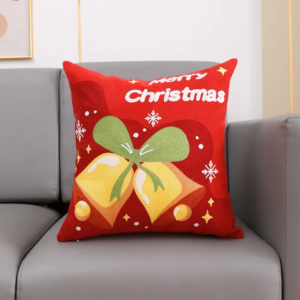 Afralia™ Christmas Embroidery Cushion Cover 45x45cm Santa Deer Snowflake Pillowcase Square Cotton