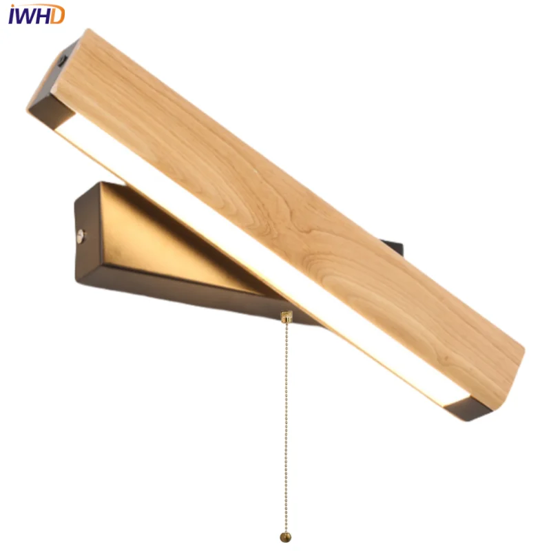 Afralia™ Rotatable Nordic LED Wall Sconce Pull Chain Switch Wood Stair Light