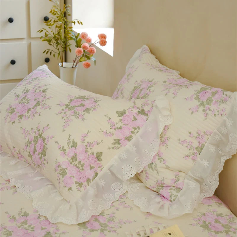 Afralia™ Pure Cotton Floral Quilted Bedding Set with Lace Ruffles