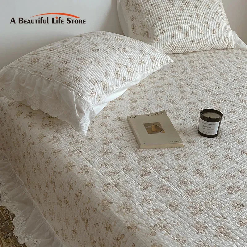 Afralia™ Floral Lace Ruffles Cotton Bedspread Set with Quilted Design & Pillowcases