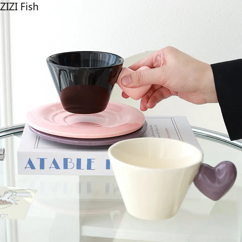 Afralia™ Heart Shape Porcelain Lovers Mug Set Dining Coffee Cup Tea Saucer Juice Cup