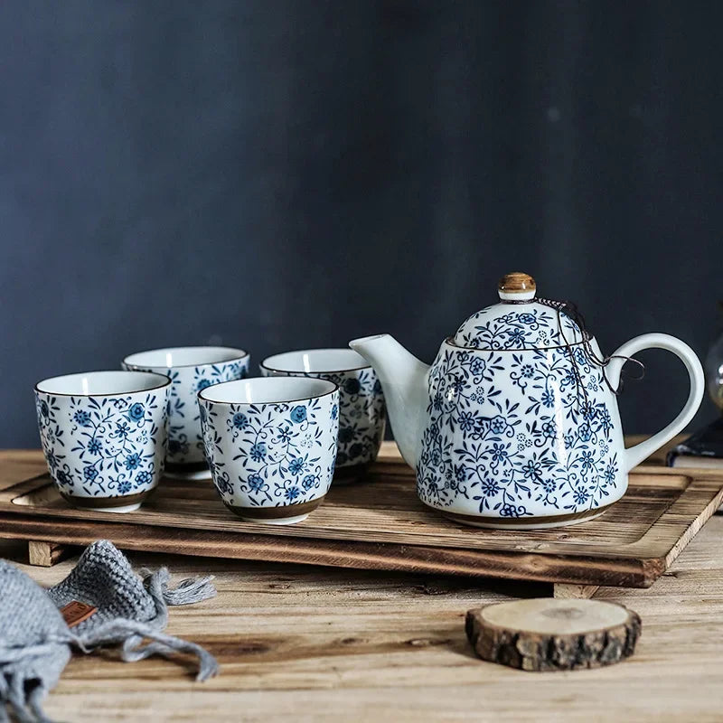 Afralia™ Floral Ceramic Tea Set: Tea Kettle, 4 Cups with Infuser ‐ Gift Ready