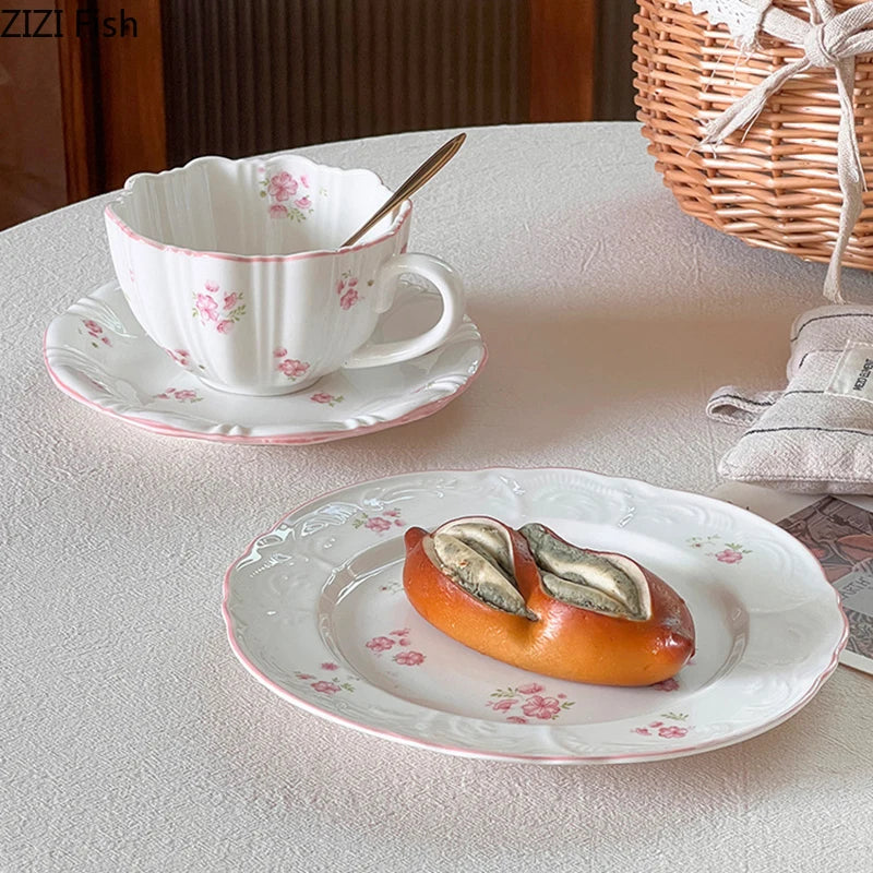 Afralia™ Cherry Blossoms Painted Porcelain Coffee Mug Cup&Saucer Set
