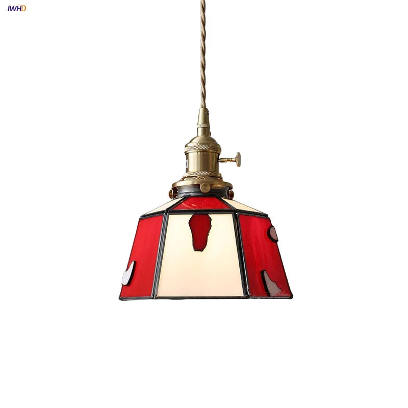 Afralia™ Tiffany Glass Pendant Lamp Red LED Knob Switch Modern Nordic Handcrafted Glass
