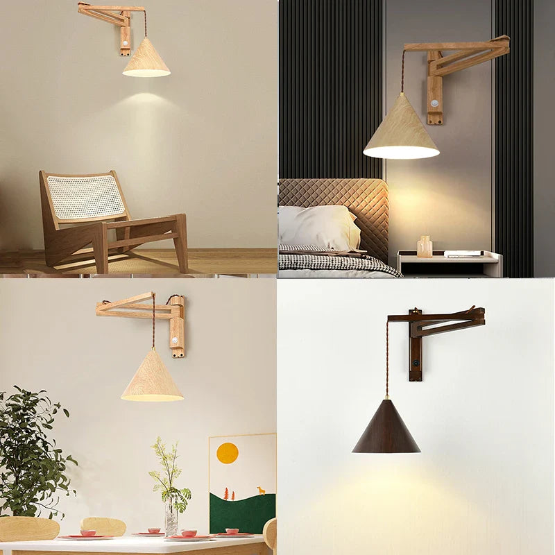 Afralia™ Retro Wood+Metal LED Pendant Wall Lamp for Living Room Bedroom Indoor Lighting