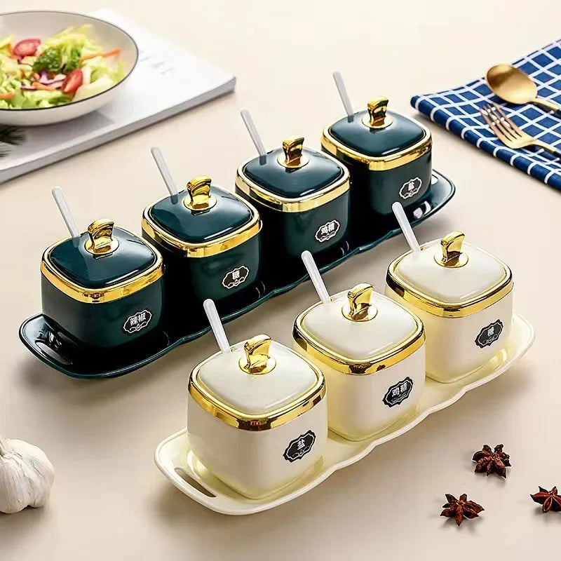 Afralia™ Seasoning Jar Set with Spoon, Shaker, and Sauce Bowl - Kitchen Spice Rack Organizers