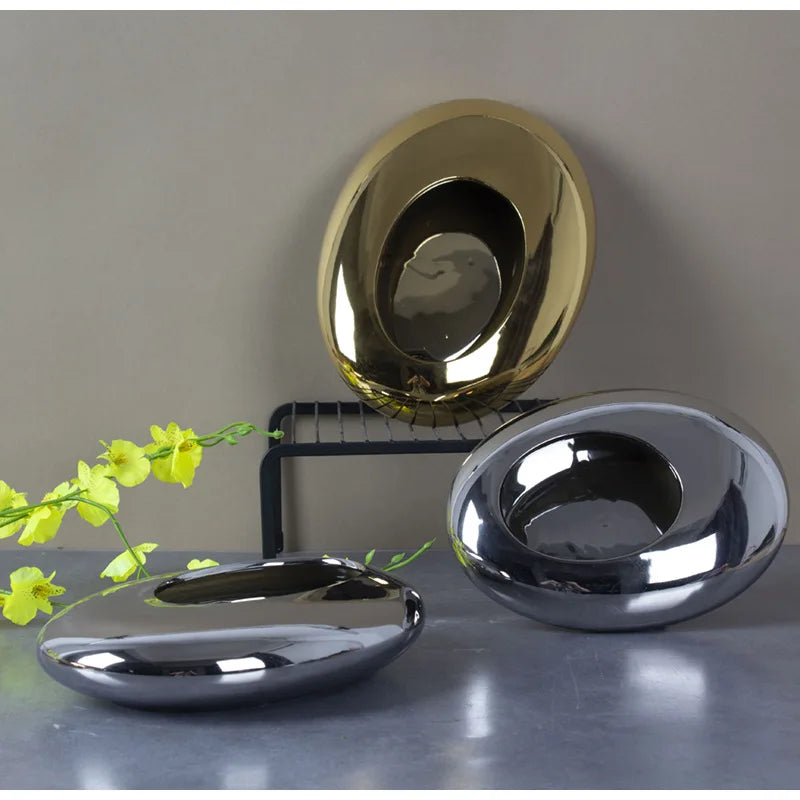 Afralia Silver Cobblestone Ceramic Vase Geometric Oval Flower Pot Home Decor