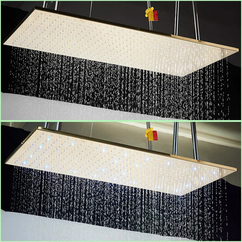 Afralia™ Brushed Gold LED Thermostatic Shower Faucet Set with Ceiling Rainfall Shower Head