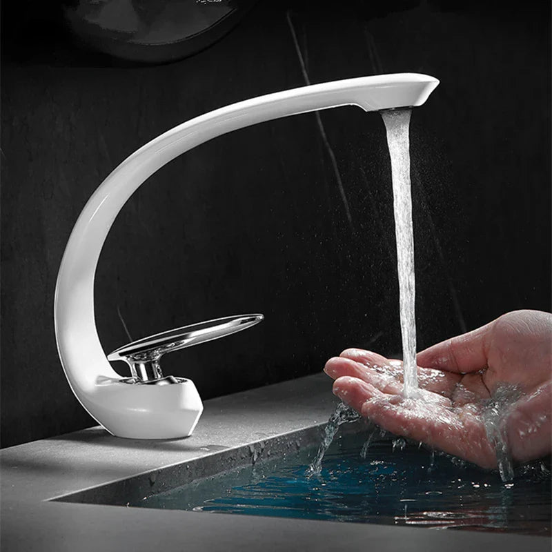 Afralia™ White Brass Waterfall Bathroom Sink Faucet Single Handle Hot Cold Mixer Tap