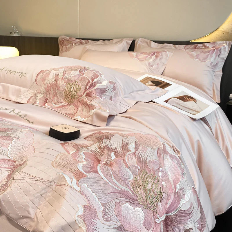 Luxury Flowers Embroidery Bedding Set by Afralia™: Duvet, Sheet, Pillowcases 4Pcs