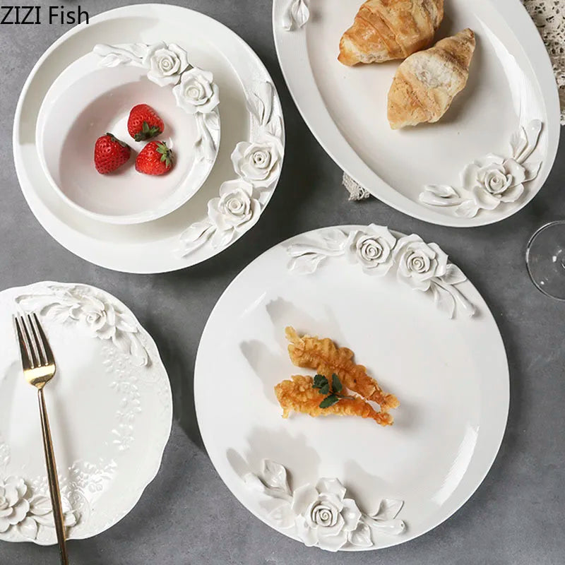 Afralia™ Flower Relief Ceramic Plate Western Dinner Plates Kitchen Cutlery