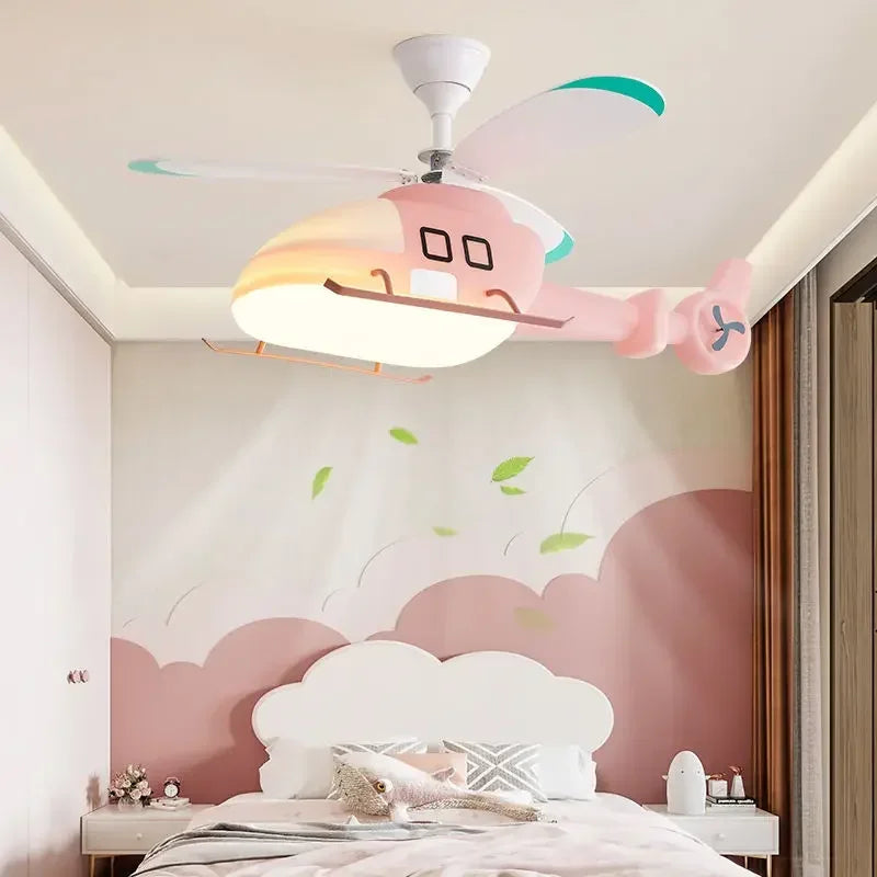 Afralia™ Helicopter Aircraft Ceiling Fan Children's Chandelier Blue Pink Light Kids' Room