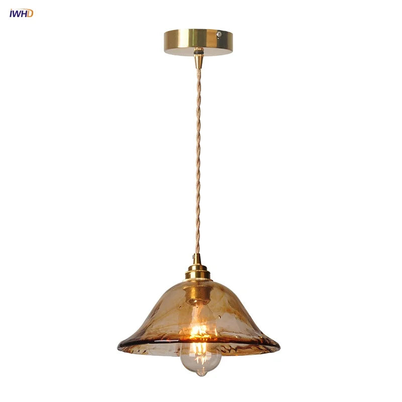 Afralia™ Amber Glass LED Pendant Light Fixture, Vintage E27 Copper Hanging Lamp