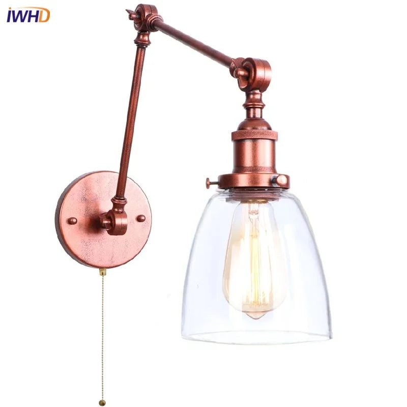 Afralia™ Adjustable Glass Swing Arm LED Wall Sconce with Pull Chain Switch