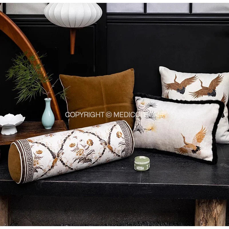Afralia™ Oriental Crane Birds Decorative Cylindrical Pillow Cover for Bed Sofa