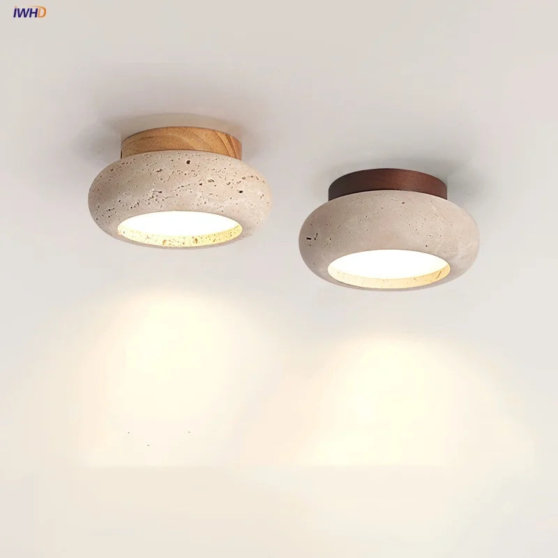 Afralia™ Natural Yellow Travertine Wood Canopy LED Ceiling Light - Nordic Modern Ellipse-Look
