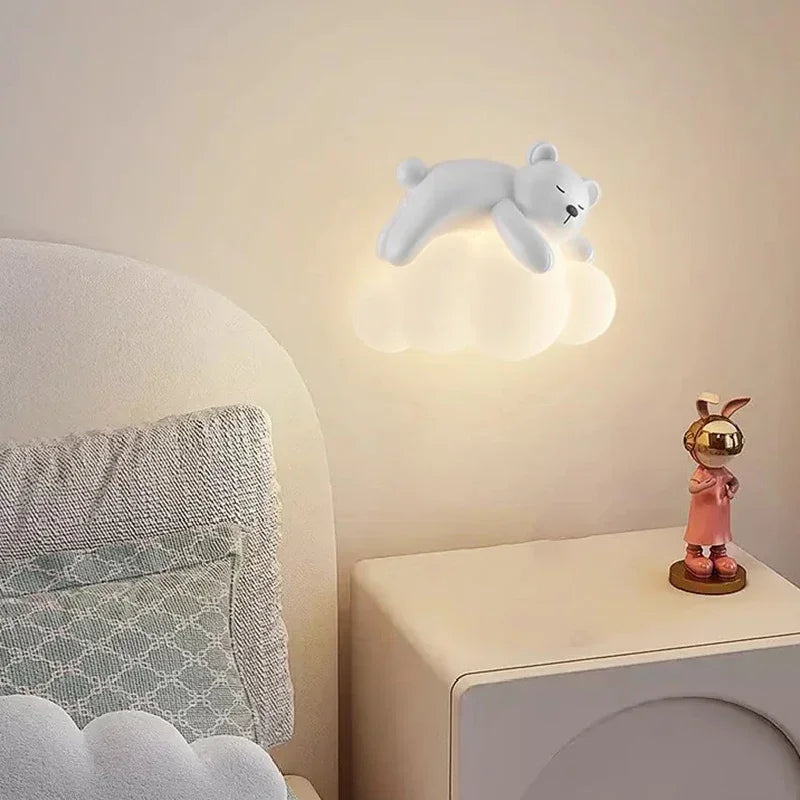 Afralia™ White Clouds Bear LED Wall Lamps for Children's Room