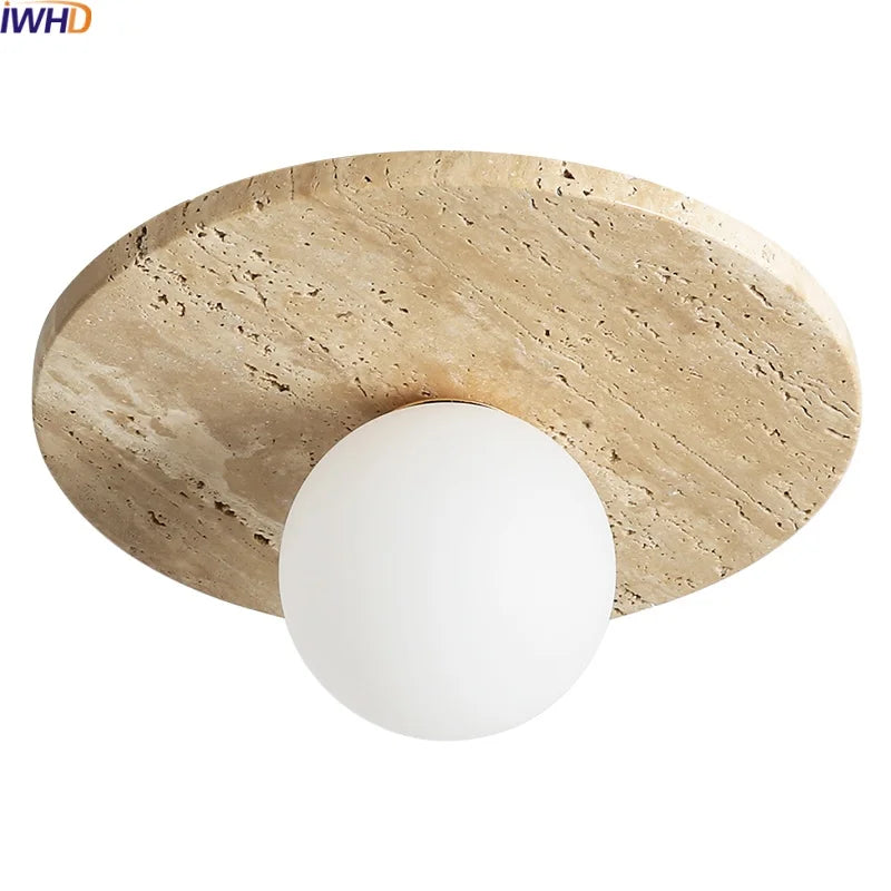 Afralia™ Yellow Travertine Glass Stone LED Ceiling Lamp