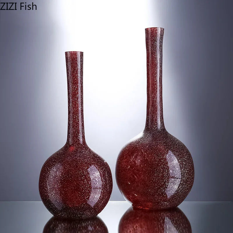 Afralia™ Gilded Red Glass Vase with Artificial Flowers - Modern Desk Decor