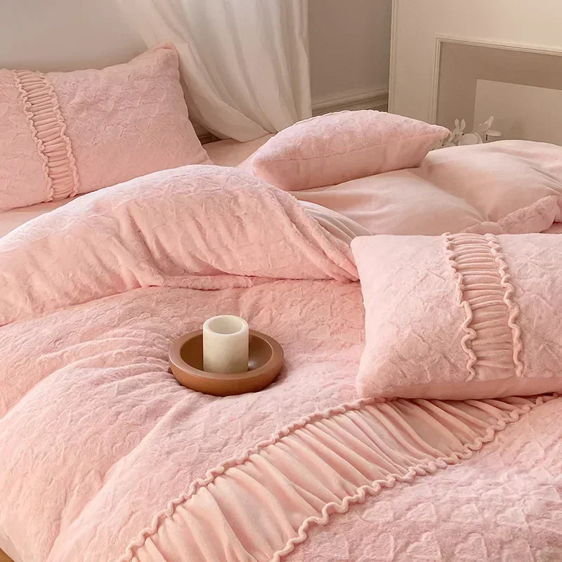 Afralia™ Plush Snow Rabbit Fleece Bedding Set King Size Luxe Winter Duvet Cover Set