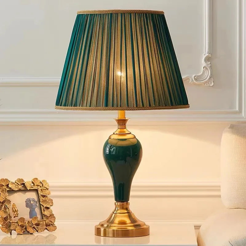 Afralia™ Green Ceramic Table Lamp with European Cloth Cover for Modern Living Room and Bedroom