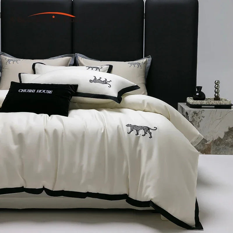 Afralia™ Luxury Leopard Embroidery Egyptian Cotton Bedding Set